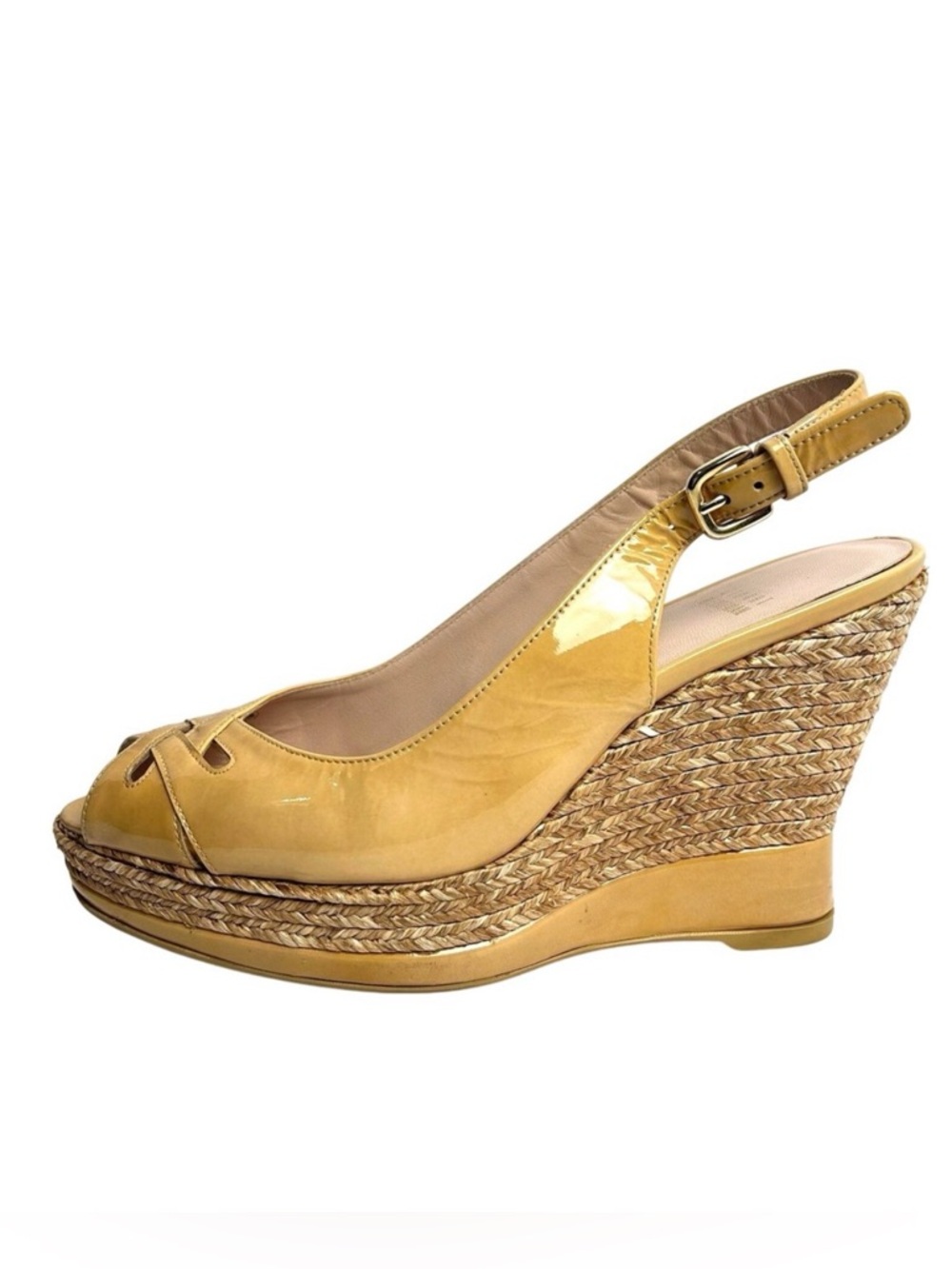 Stuart Weitzman Espadrille Peep Toe Wedge Heels Sandals Camel Tan Patent Leather